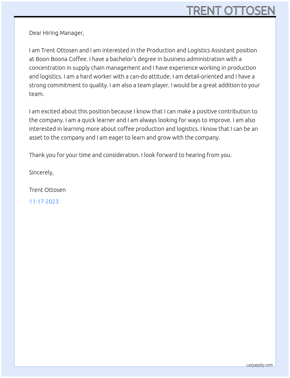 Production and Logistics Assistant  At Boon Boona Coffee Cover Letter