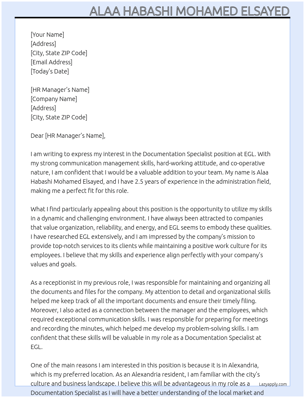 Documentation Specialist  At EGL Cover Letter
