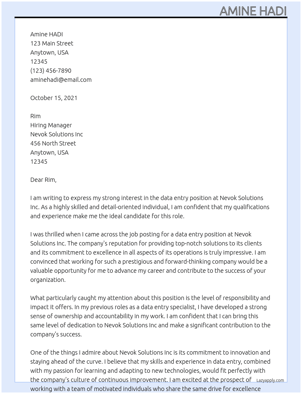 data entery At Nevok Solutions Inc Cover Letter
