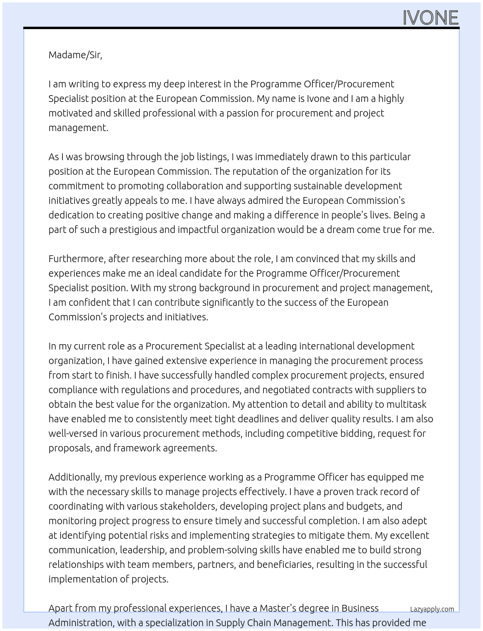 Programme Officer/Procurement Specialist  At European Commission Cover Letter