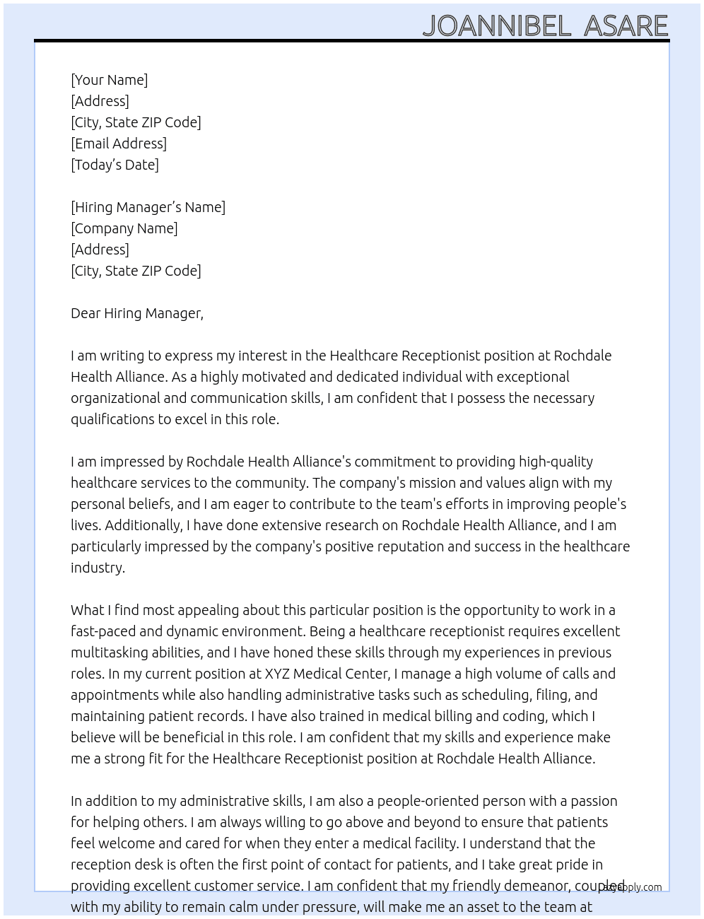 Healthcare receptionist At Rochdale health Allianace Cover Letter