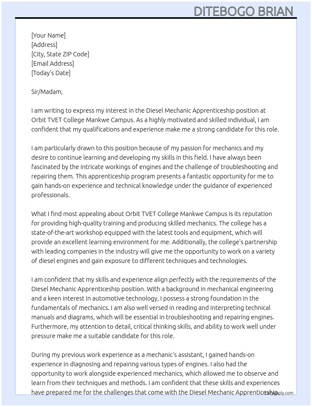 Diesel Mechanic Apprenticeship  At Orbit TVET College Mankwe Campus Cover Letter