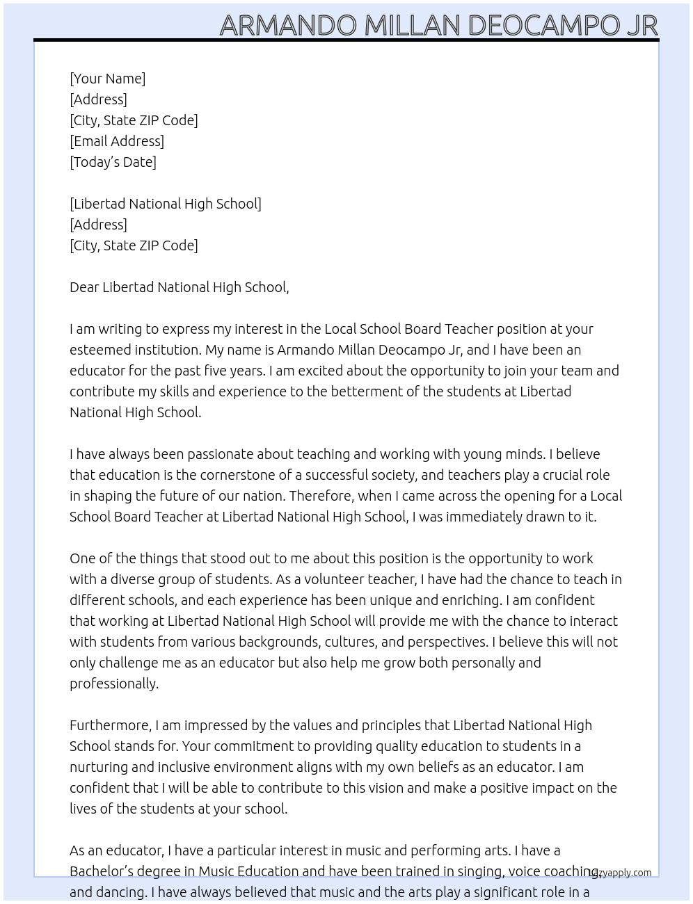 Local School board Teacher At Application Letter Cover Letter