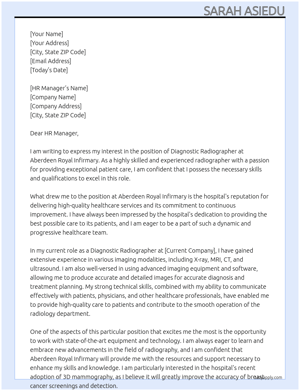 Diagnostic Radiographer At Aberdeen Royal Infirmary Cover Letter