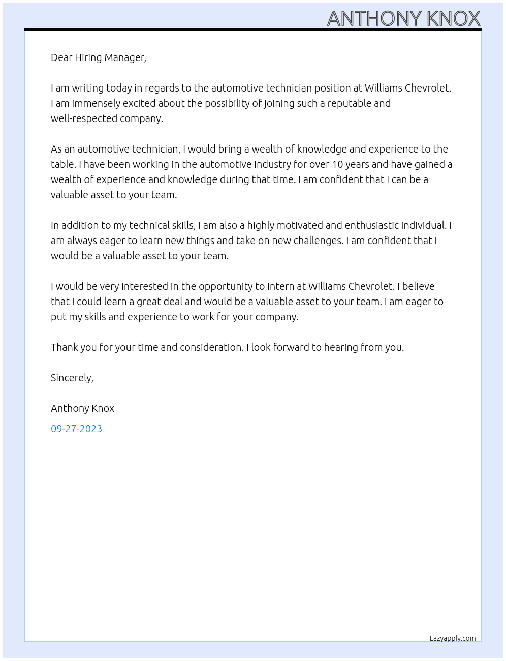 automotive technician At Williams chevrolet Cover Letter