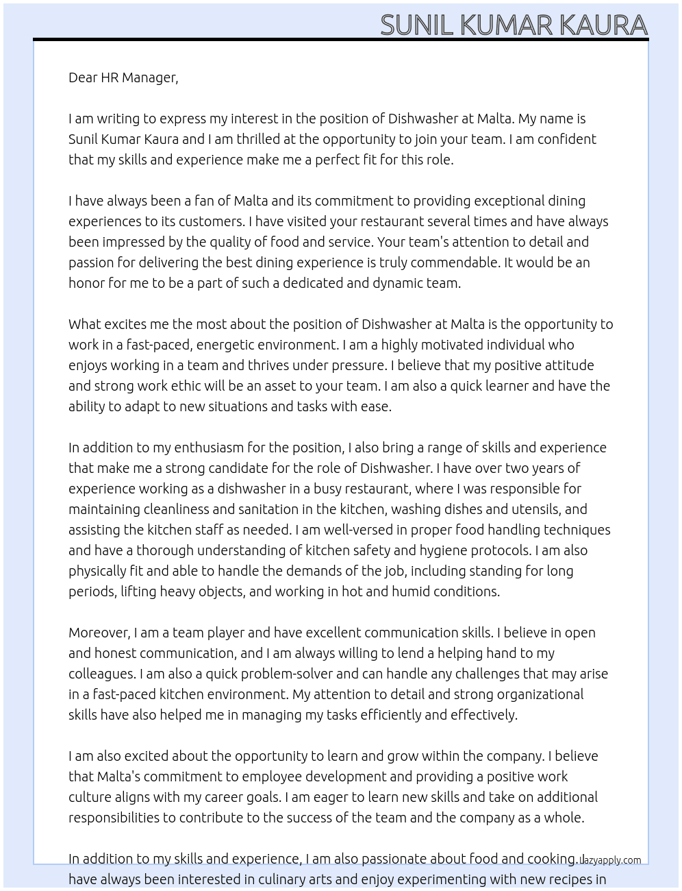 Dishwasher  At Malta Cover Letter