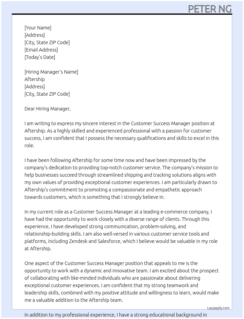 Customer Success Manager At Aftership Cover Letter