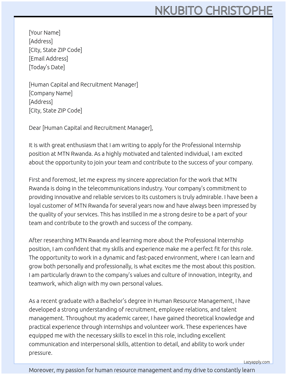 professional internship At MTN RWANDA Cover Letter