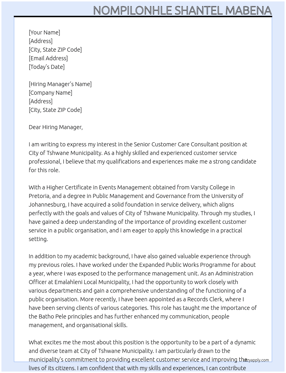 Cover letter for senior customer care consultant - LazyApply