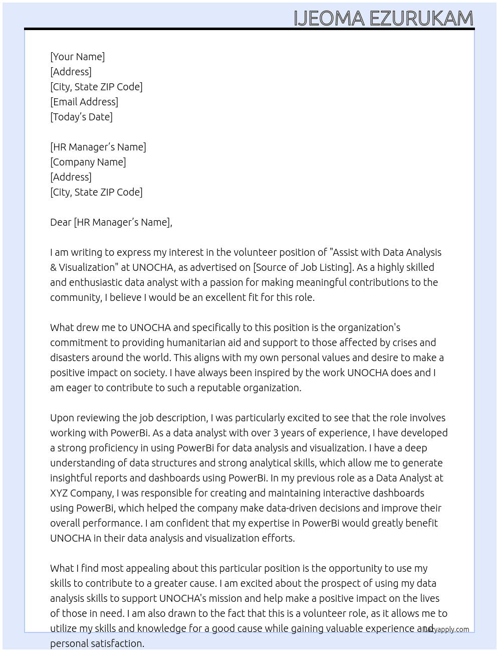 Assist with Data Analysis & Visualization (PowerBi) At UNOCHA Cover Letter