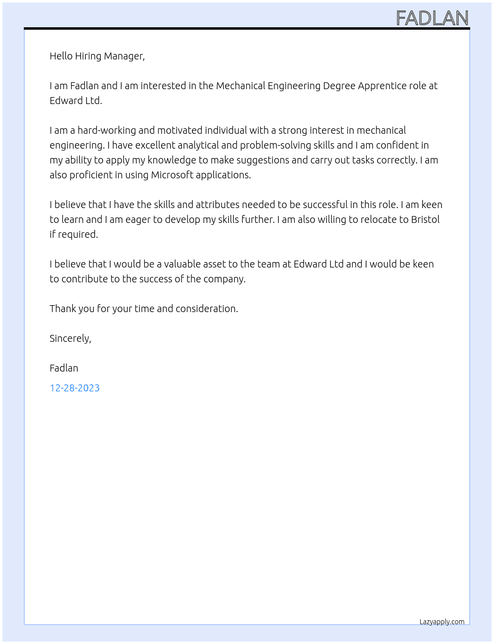 Mechanical Engineering Degree Apprentice At Edward Ltd Cover Letter