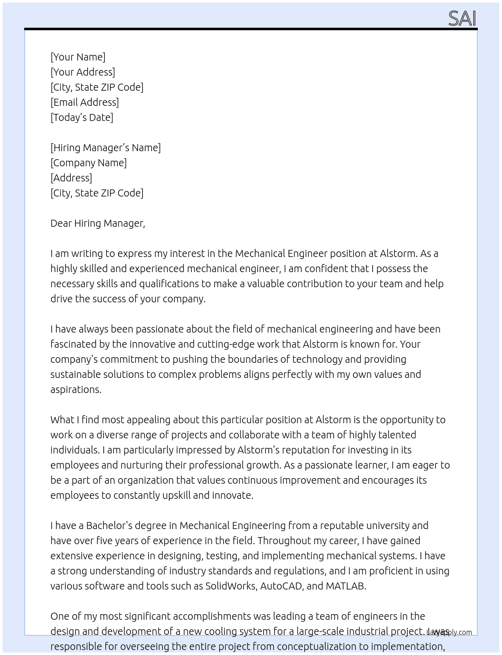 Mechanical Engineer At Alstorm Cover Letter