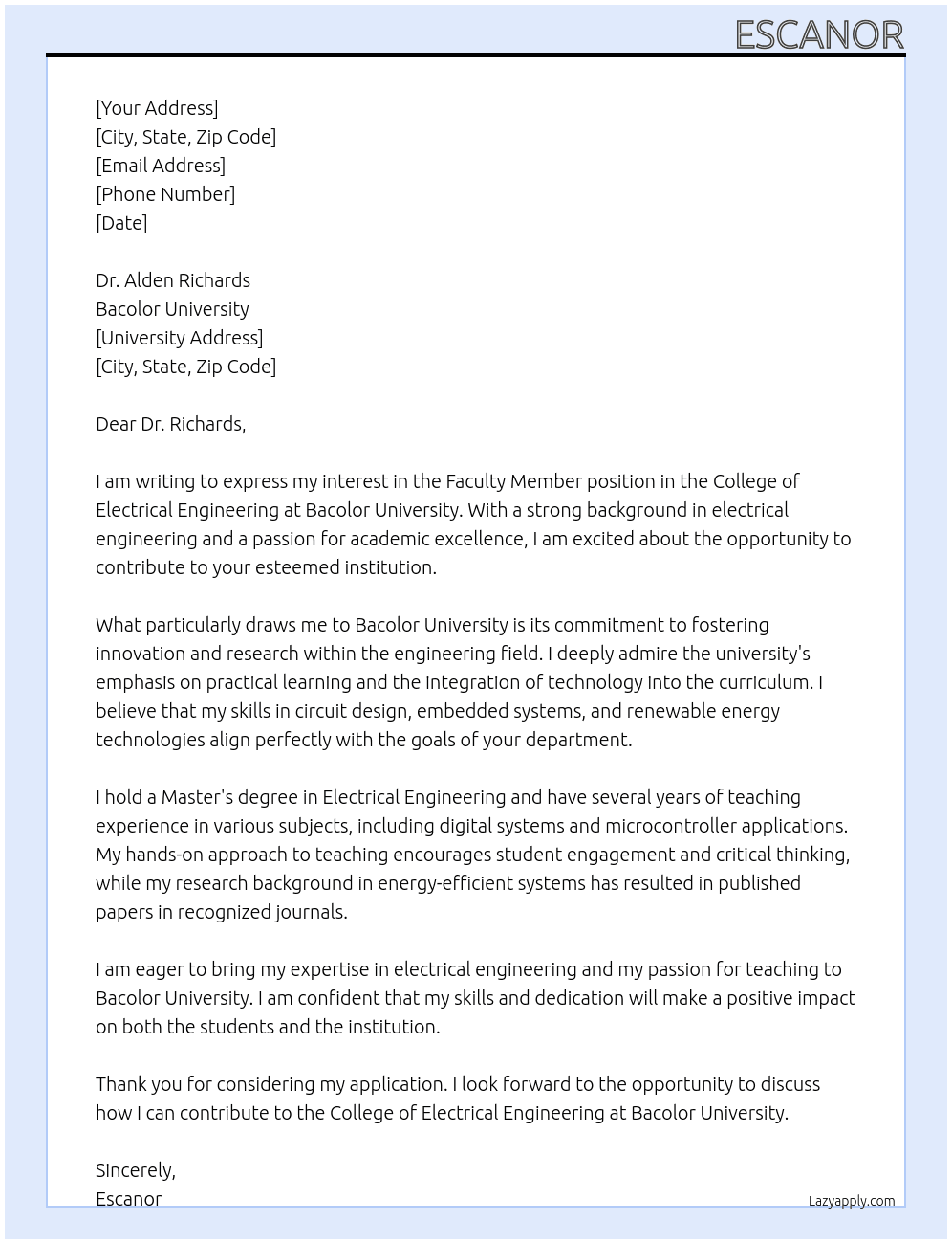 a.	Faculty Member of the College of Electrical Engineering At bacolor university Cover Letter