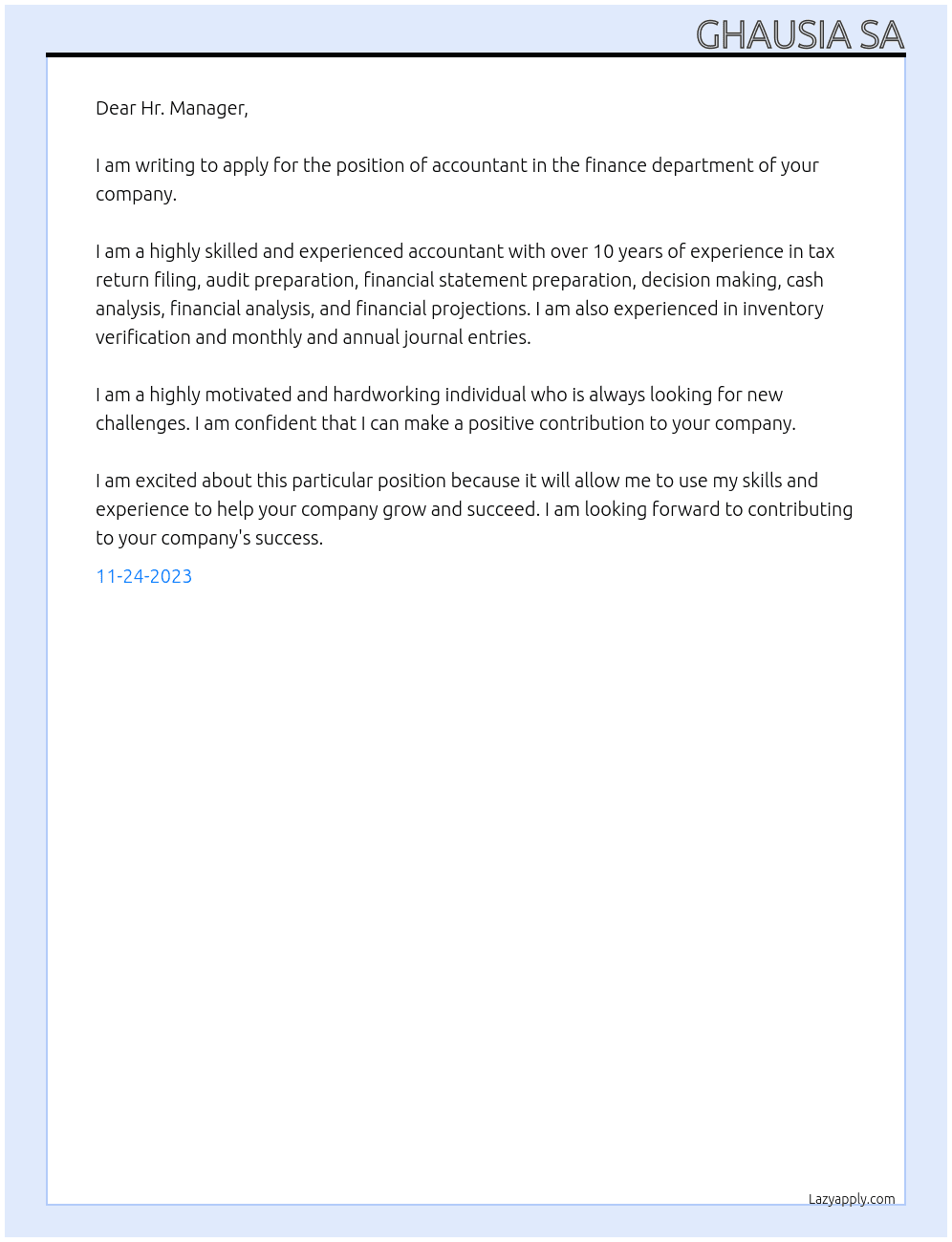 Finance Department  At Financial company Cover Letter
