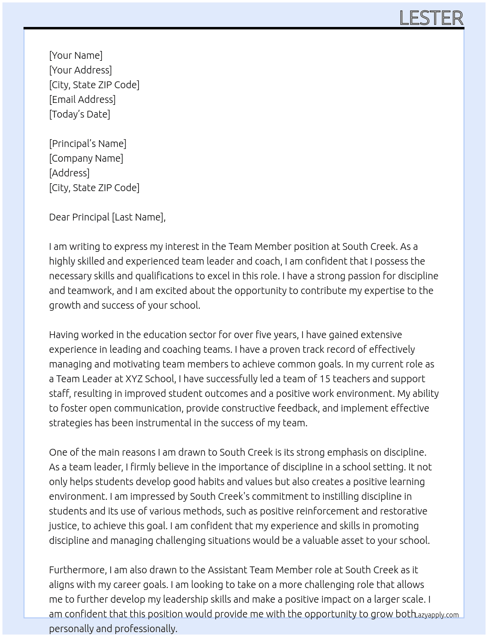 Team Member At South Creek Cover Letter