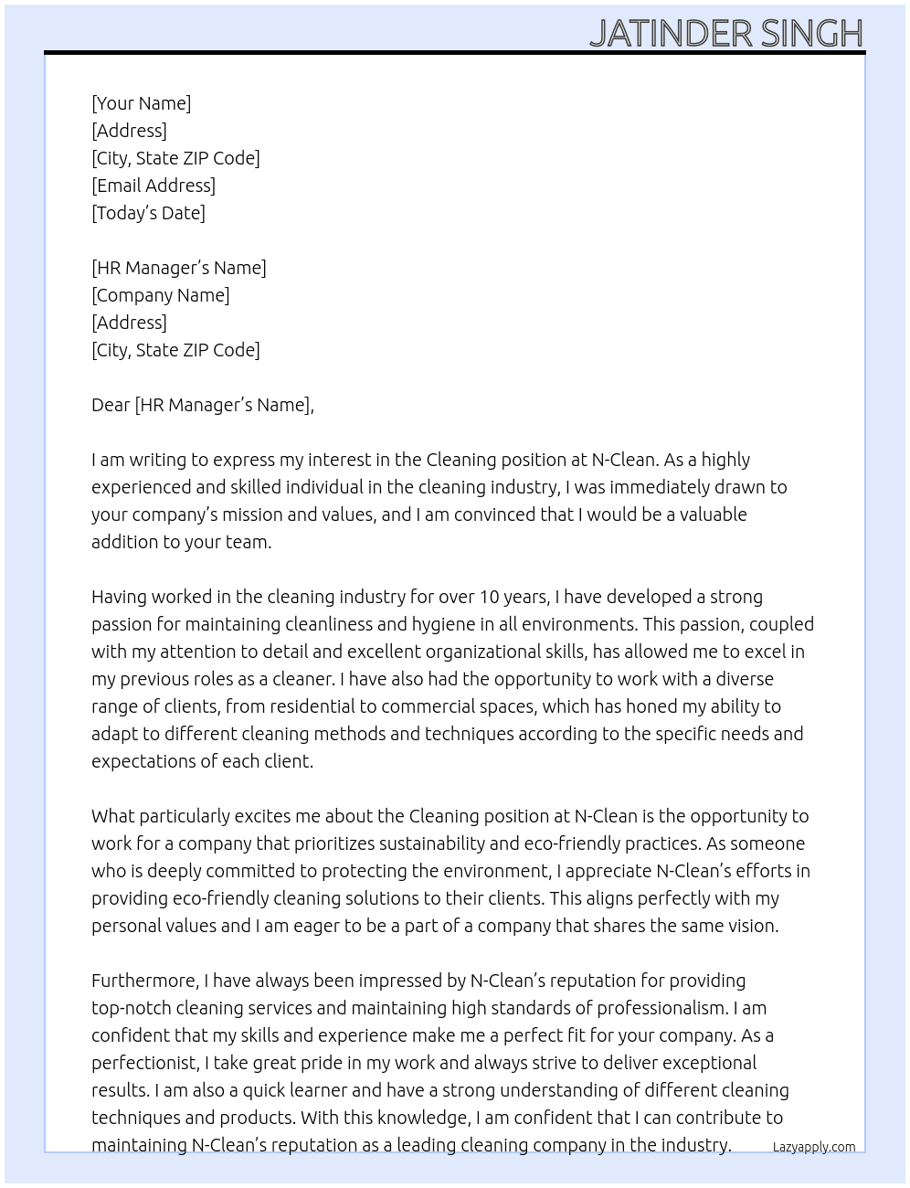 Cleaning  At N-Clean  Cover Letter