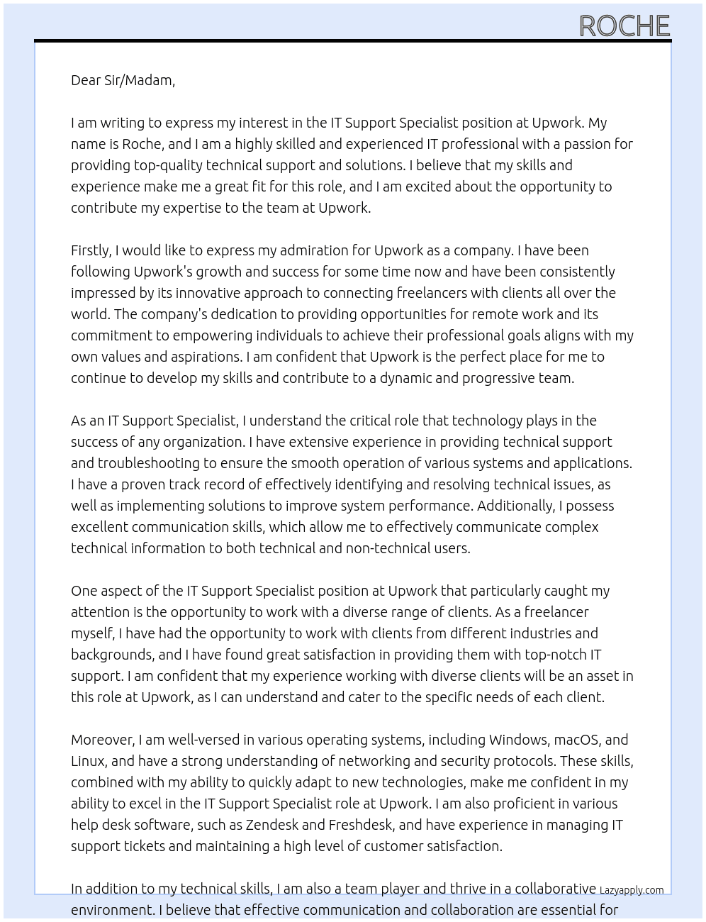 IT Support Specialist At upwork Cover Letter
