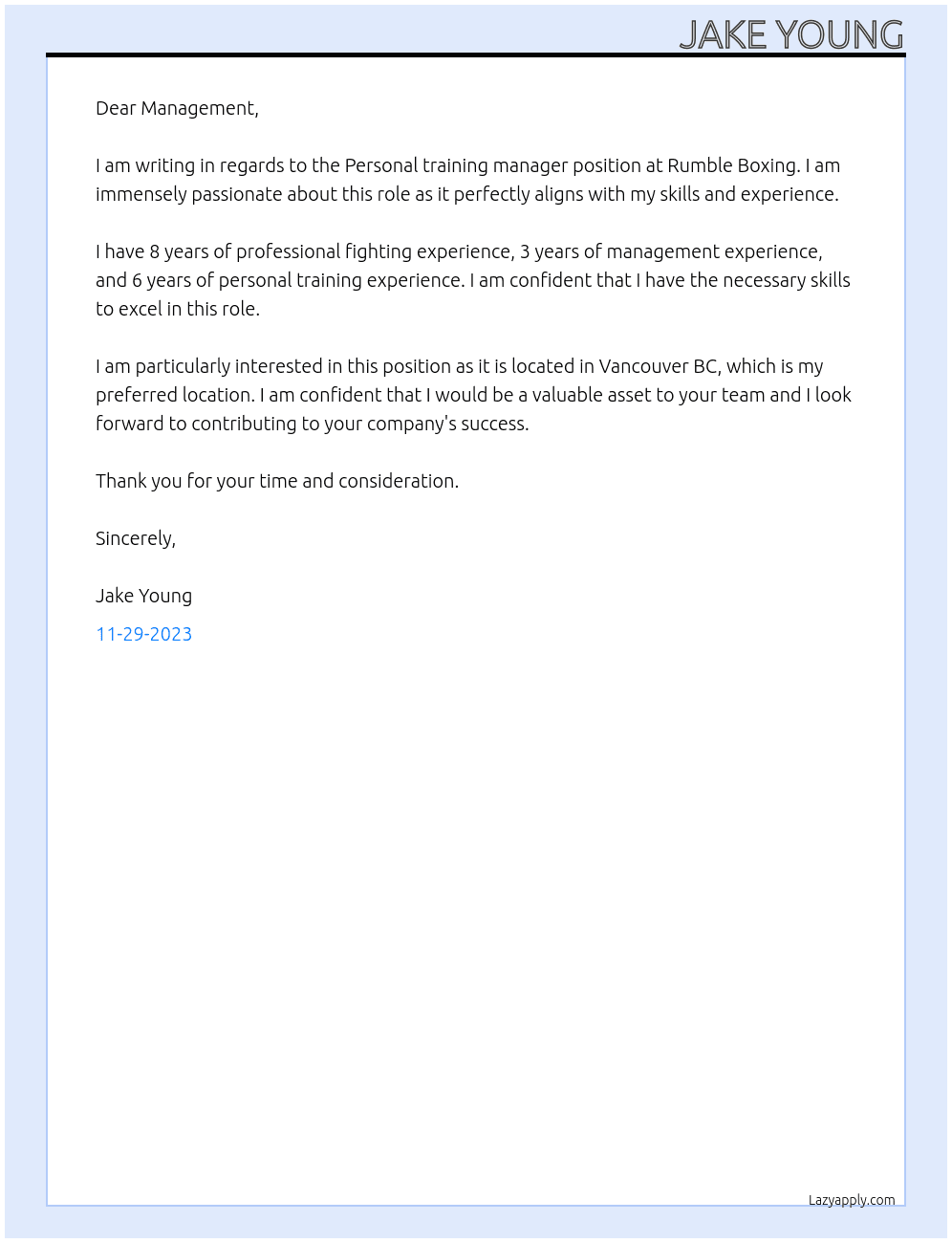 Personal training manager  At Rumble Boxing  Cover Letter
