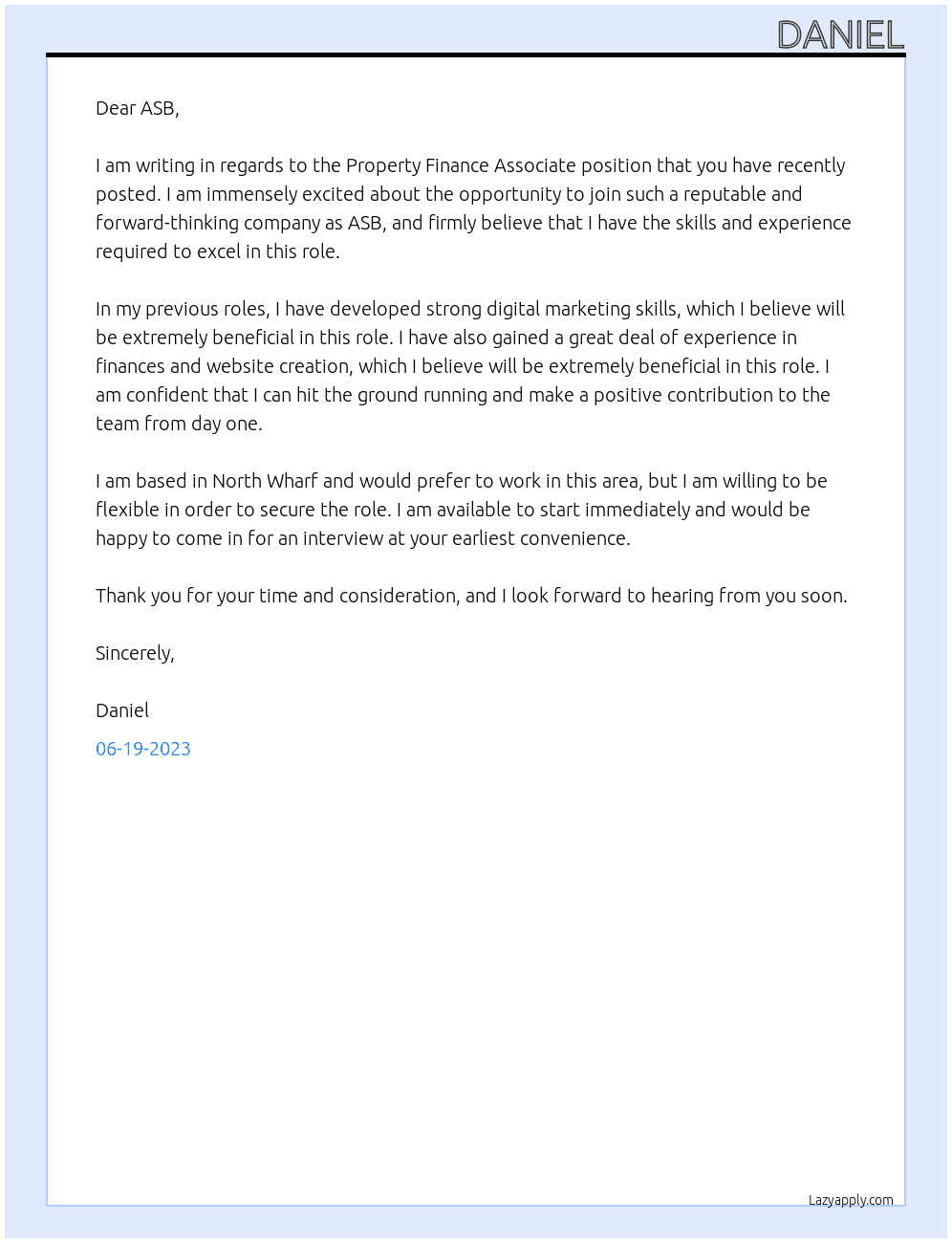 Property Finance Associate At ASB Cover Letter