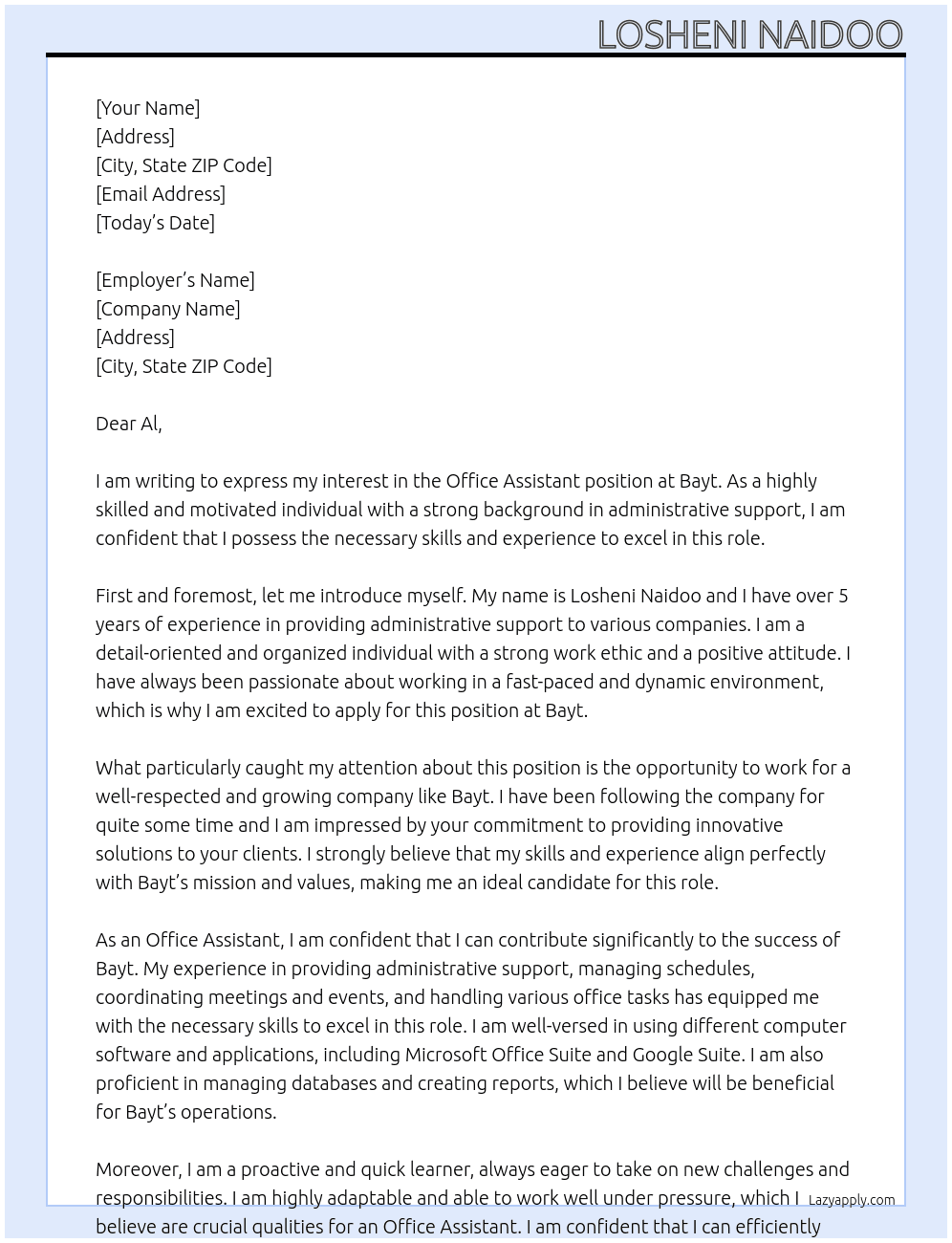 office assistant At Bayt Cover Letter