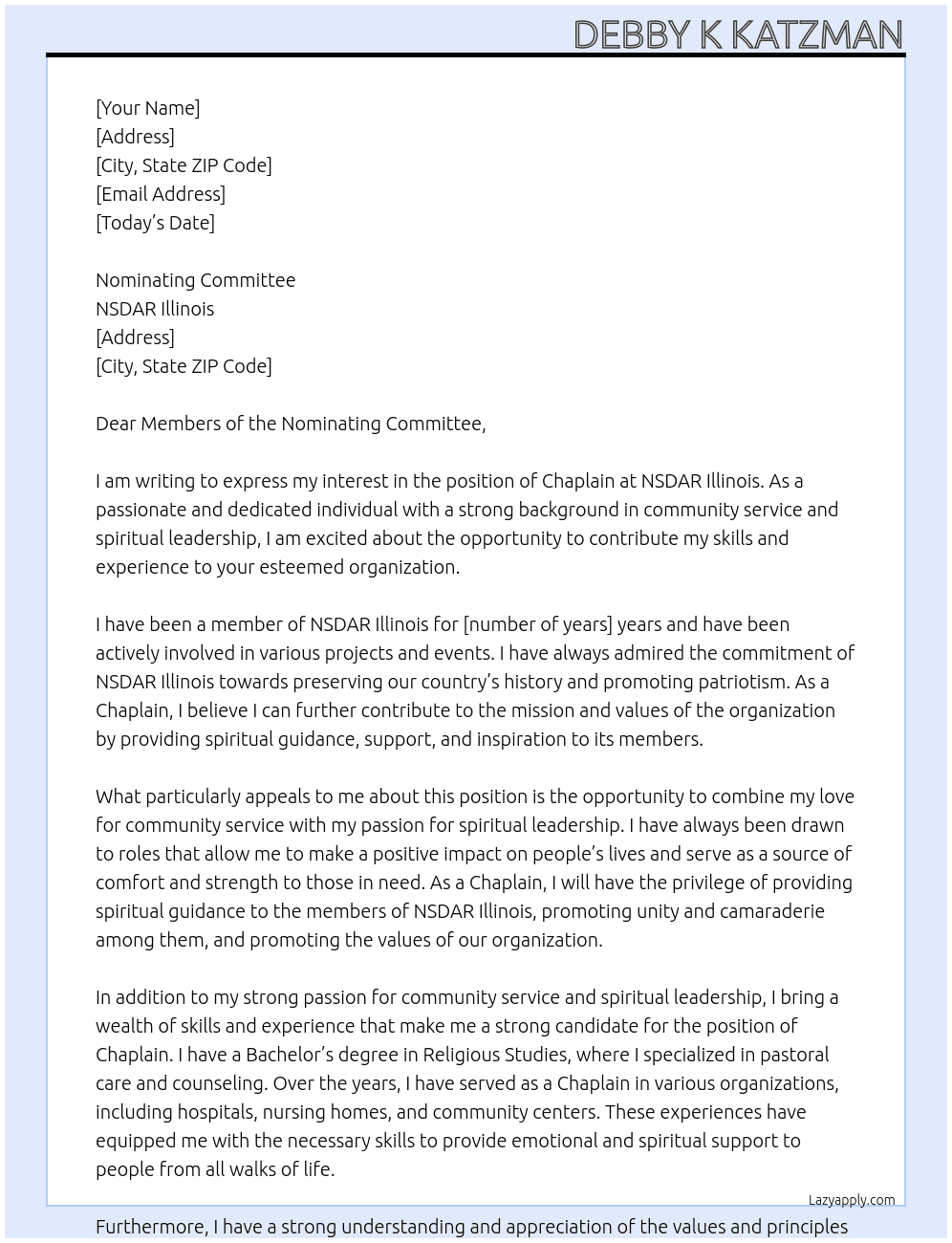 Chaplain At NSDAR Illinois Cover Letter