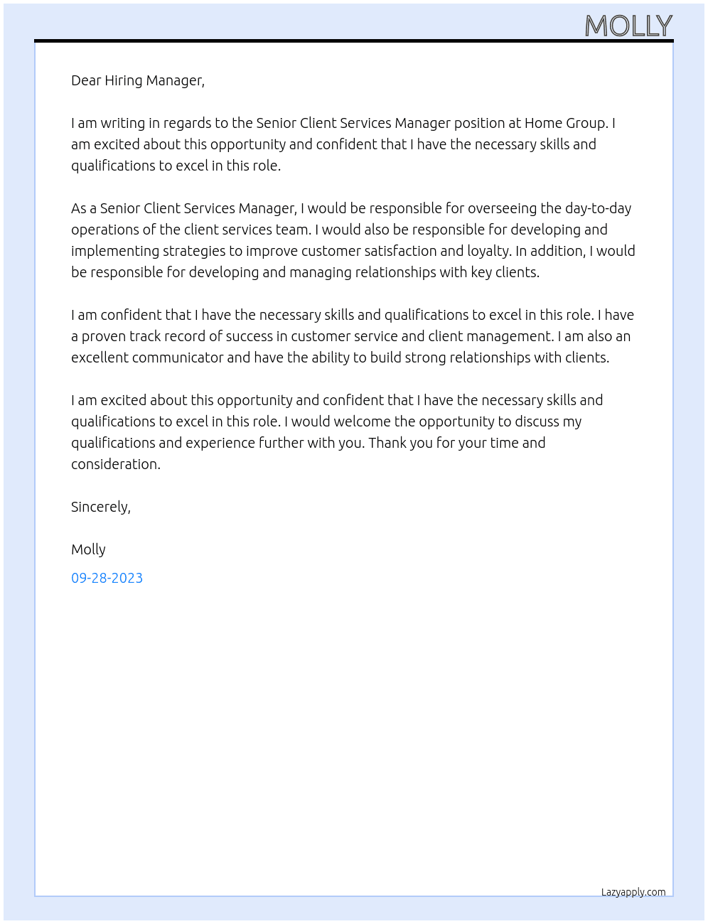 Senior Client Services Manager   At Home Group Cover Letter