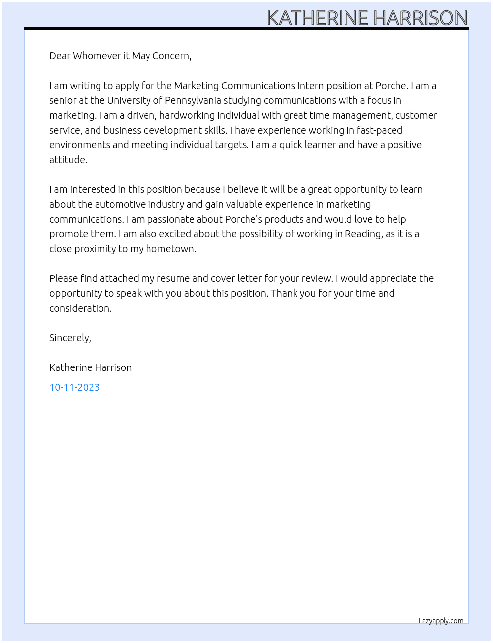 Marketing Communications Intern At Porche Cover Letter