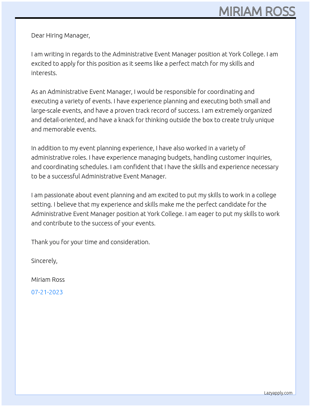 Administrative Event Manager At York College Cover Letter