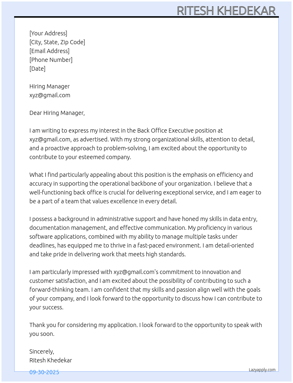 request for back office executive in the company At xyz@gmail.com Cover Letter