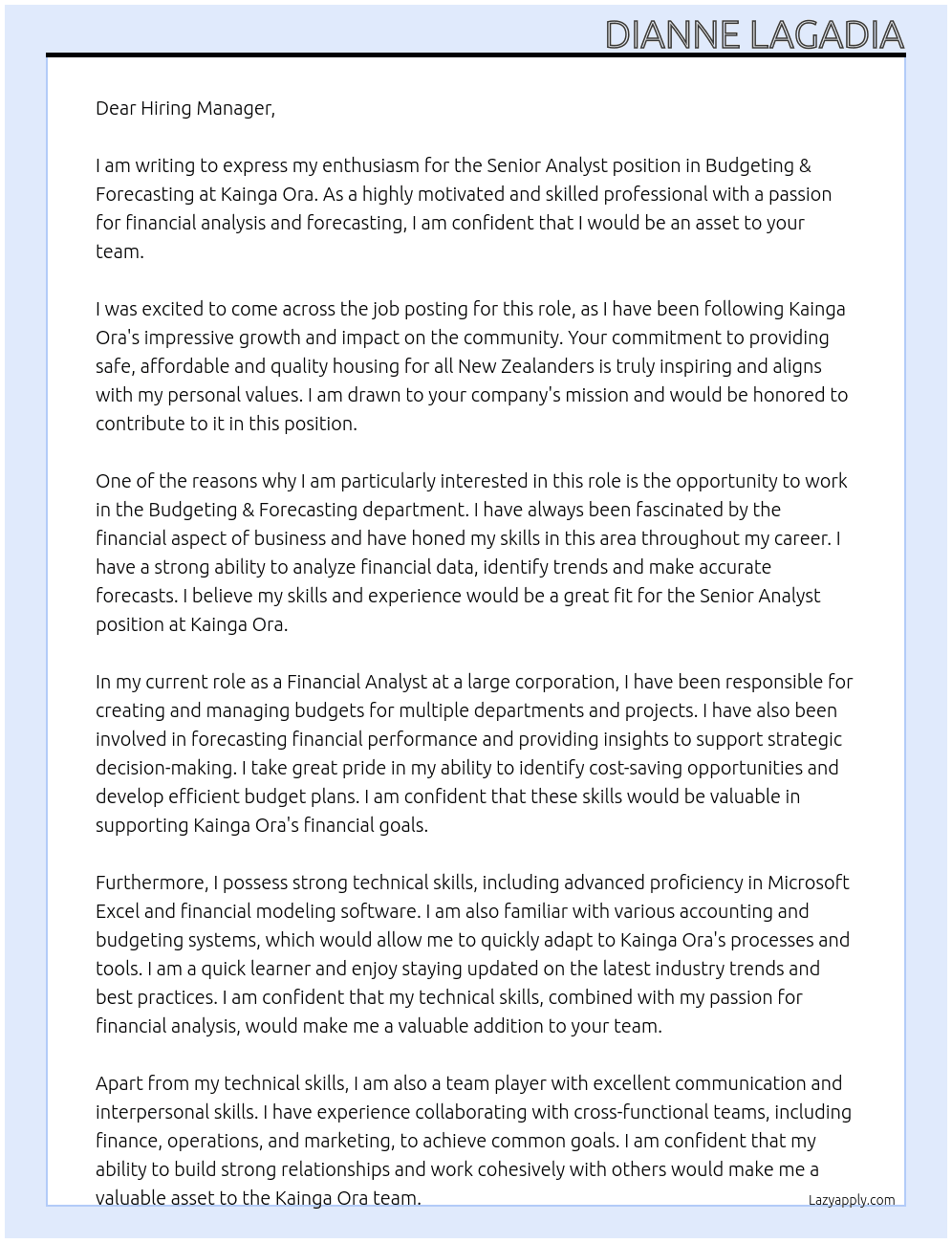 Senior Analyst - Budgeting & Forecasting At kainga ora Cover Letter