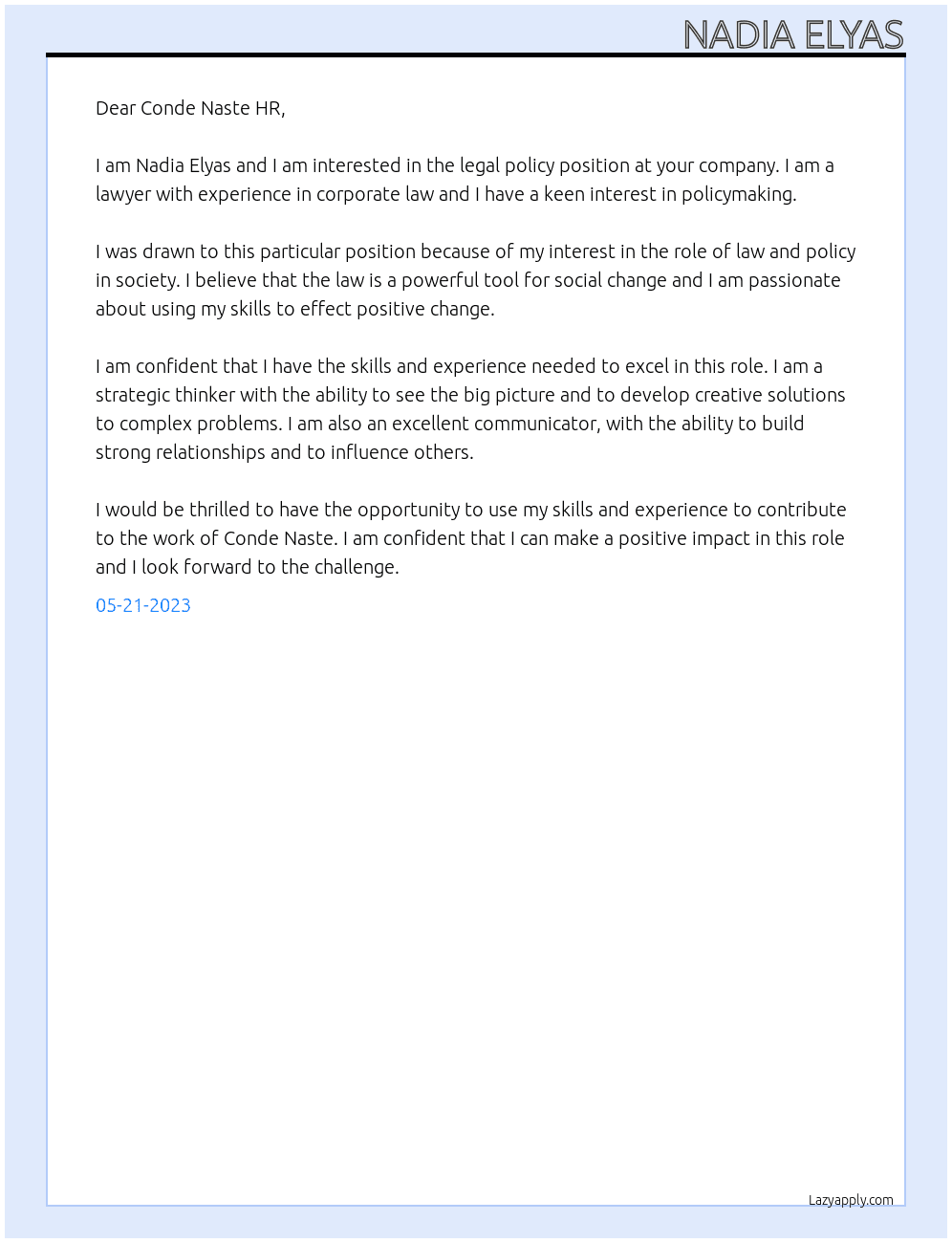 legal policy At Conde Naste Cover Letter