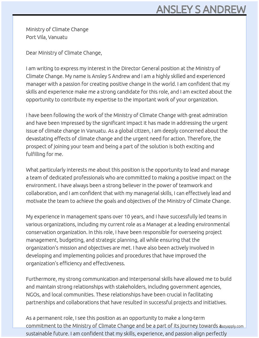 Director General for the Ministry of Climate Change At Ministry of Climate Change Cover Letter