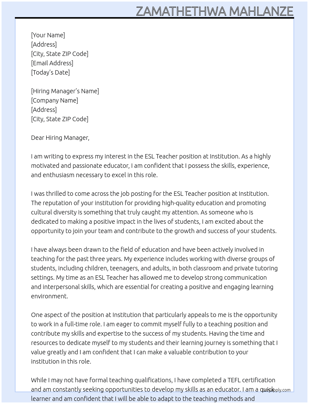 ESL Teacher At Institution Cover Letter