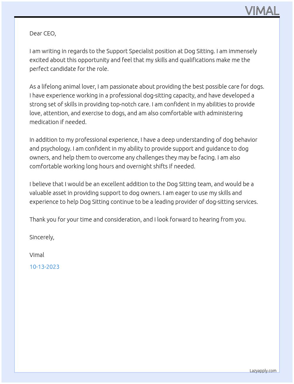 Support Specialist At Dog Sitting Cover Letter
