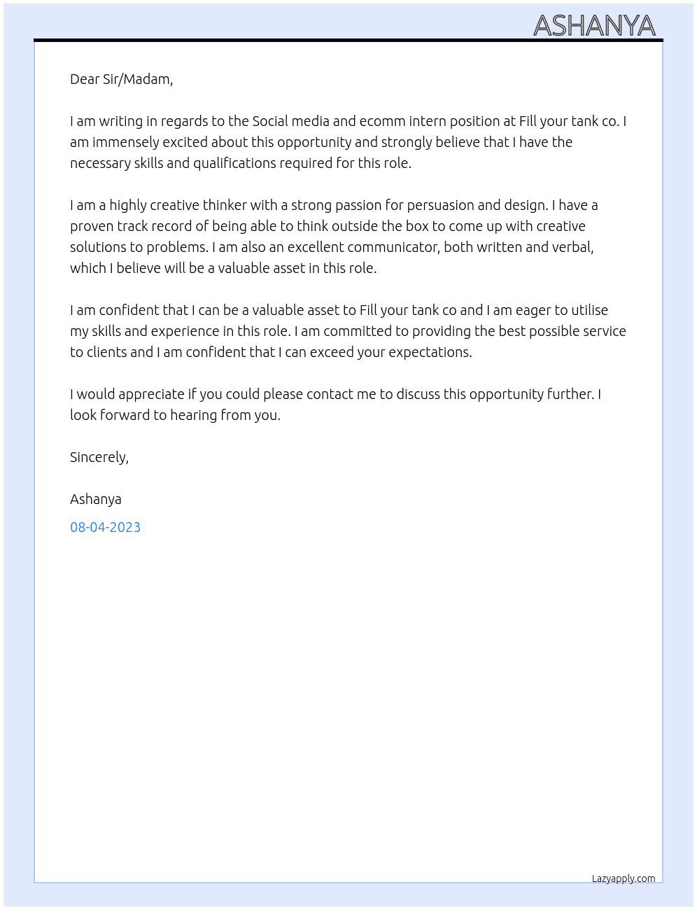 Social media and ecomm intern At Fill your tank co Cover Letter