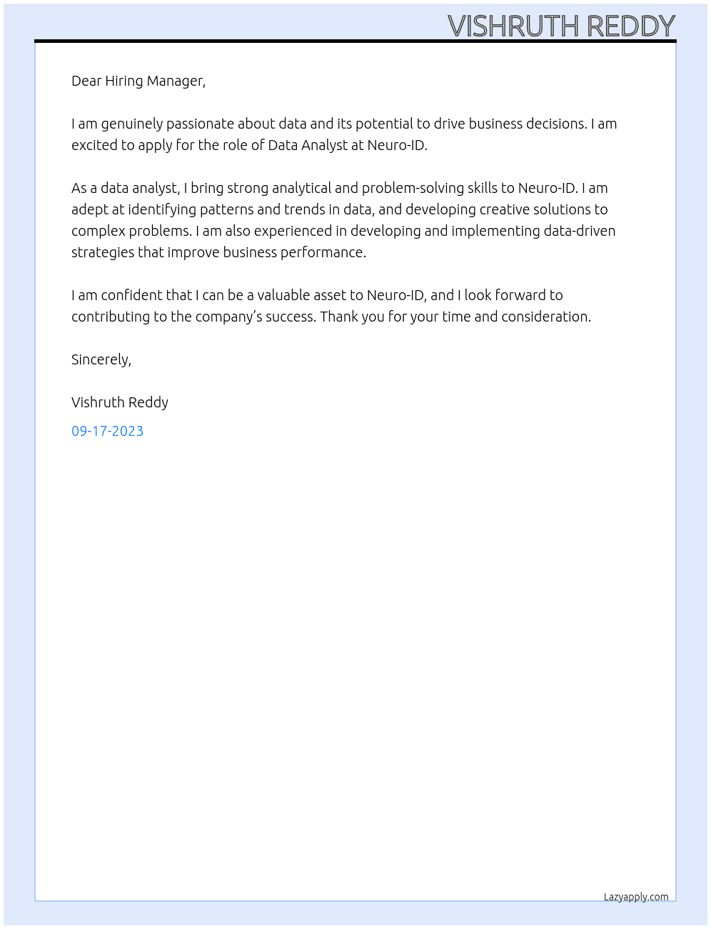 Data Analyst At Neuro-ID Cover Letter
