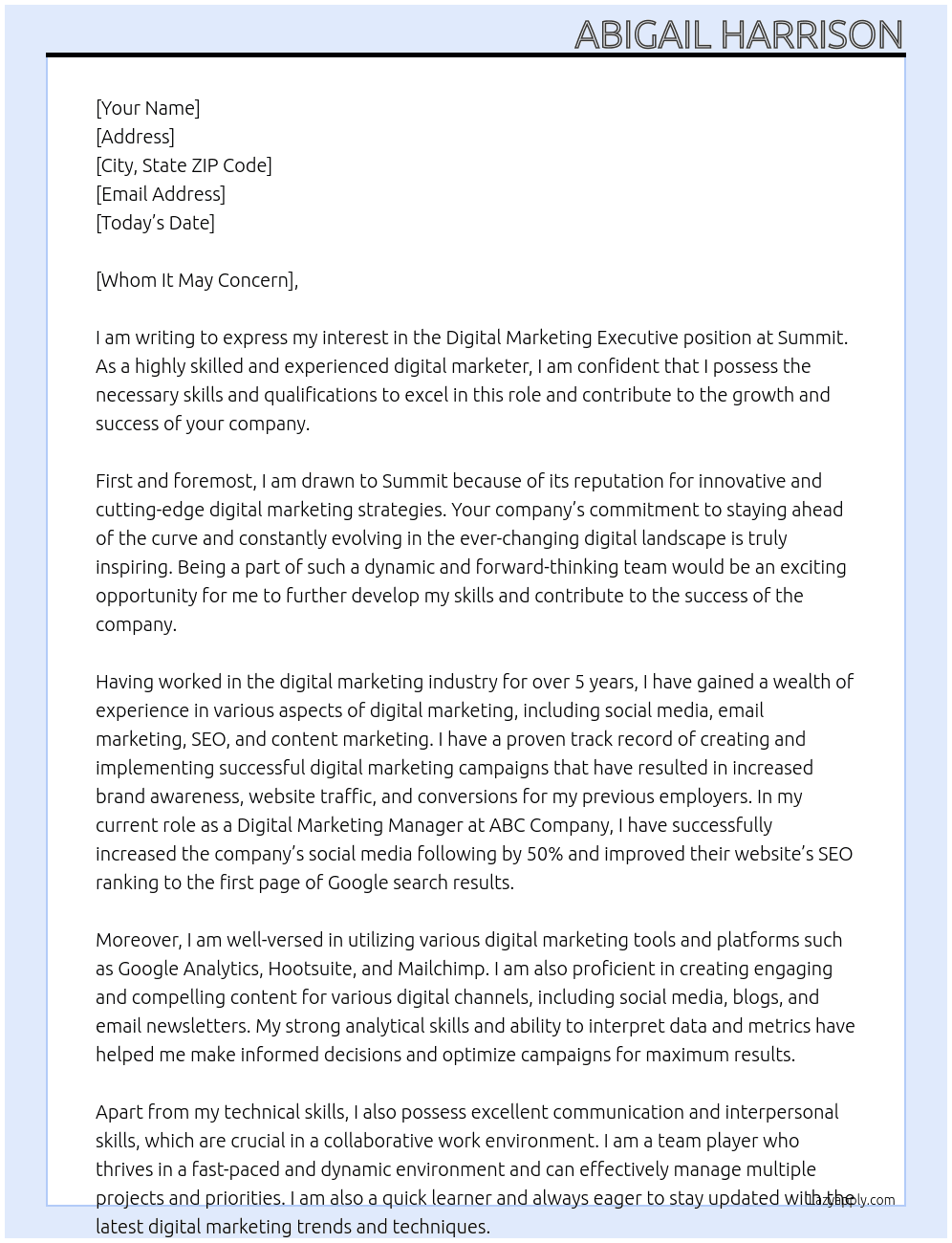 Digital Marketing Executive At Summit Cover Letter