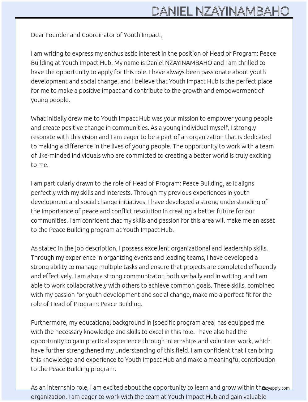 Cover letter for head of program: peace building - LazyApply