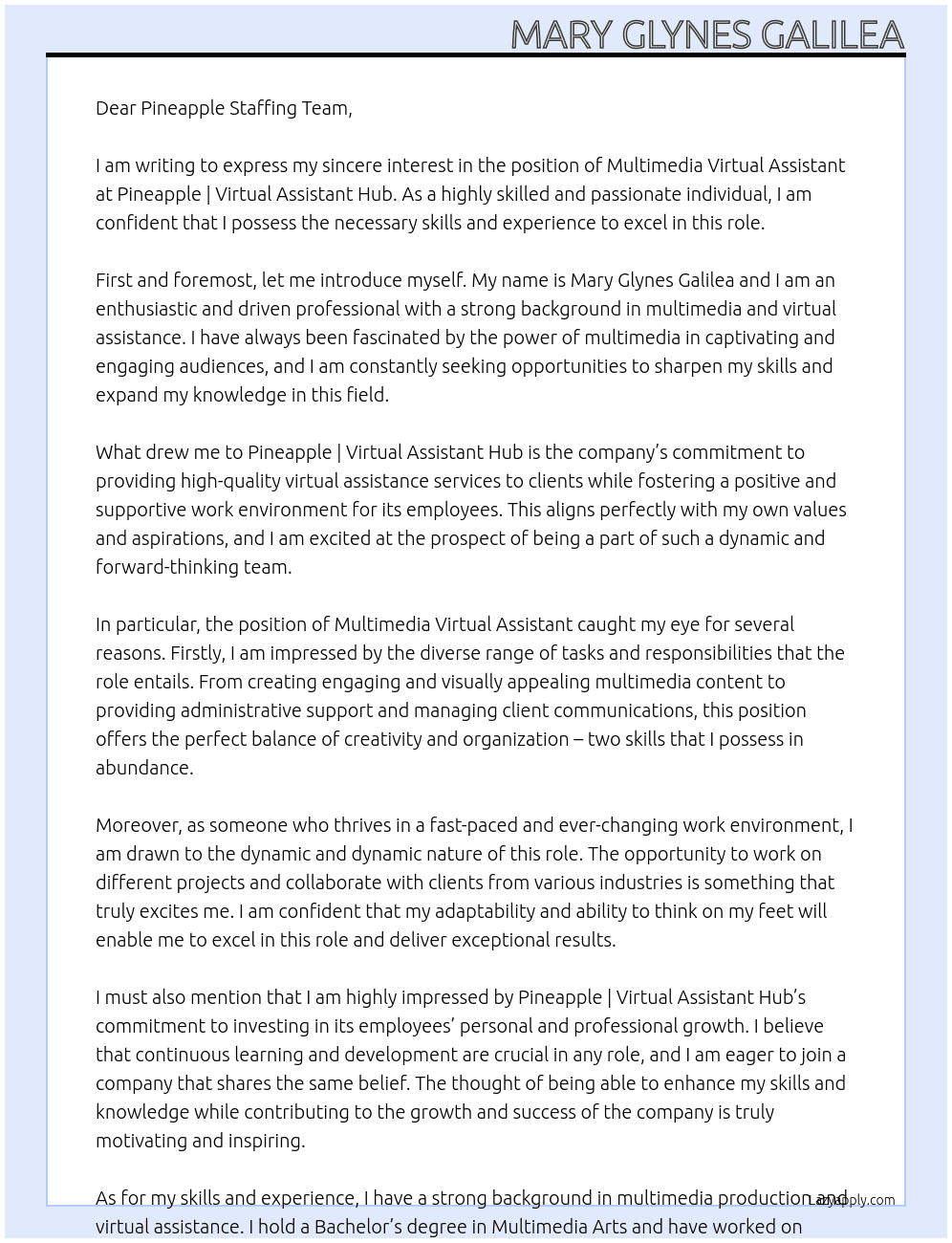 Multimedia Virtual Assistant At Pineapple | Virtual Assistant Hub Cover Letter