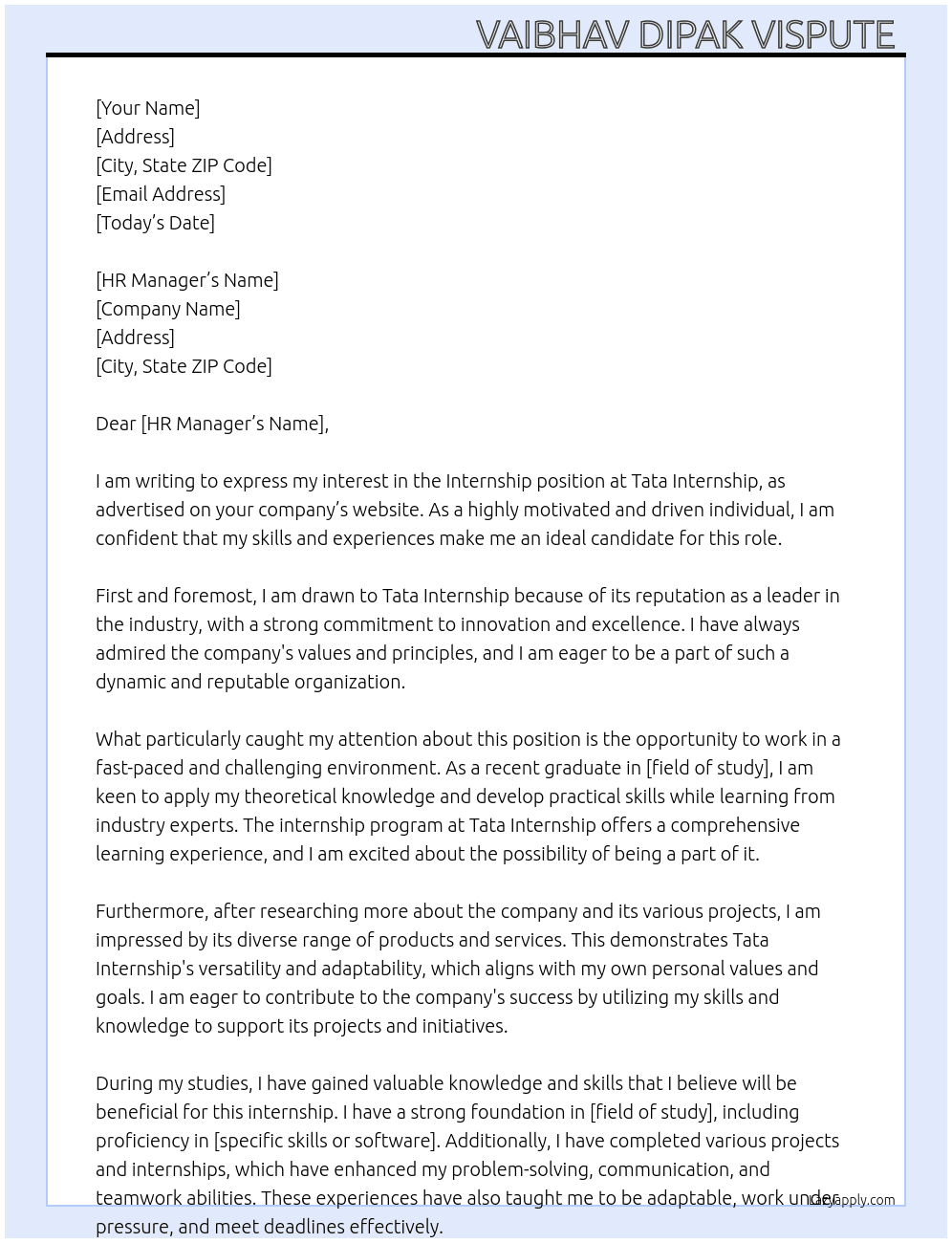 Internship  At Tata internship  Cover Letter