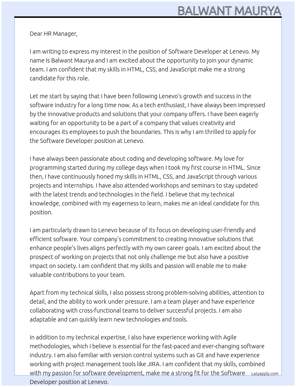 software developer At Lenevo Cover Letter
