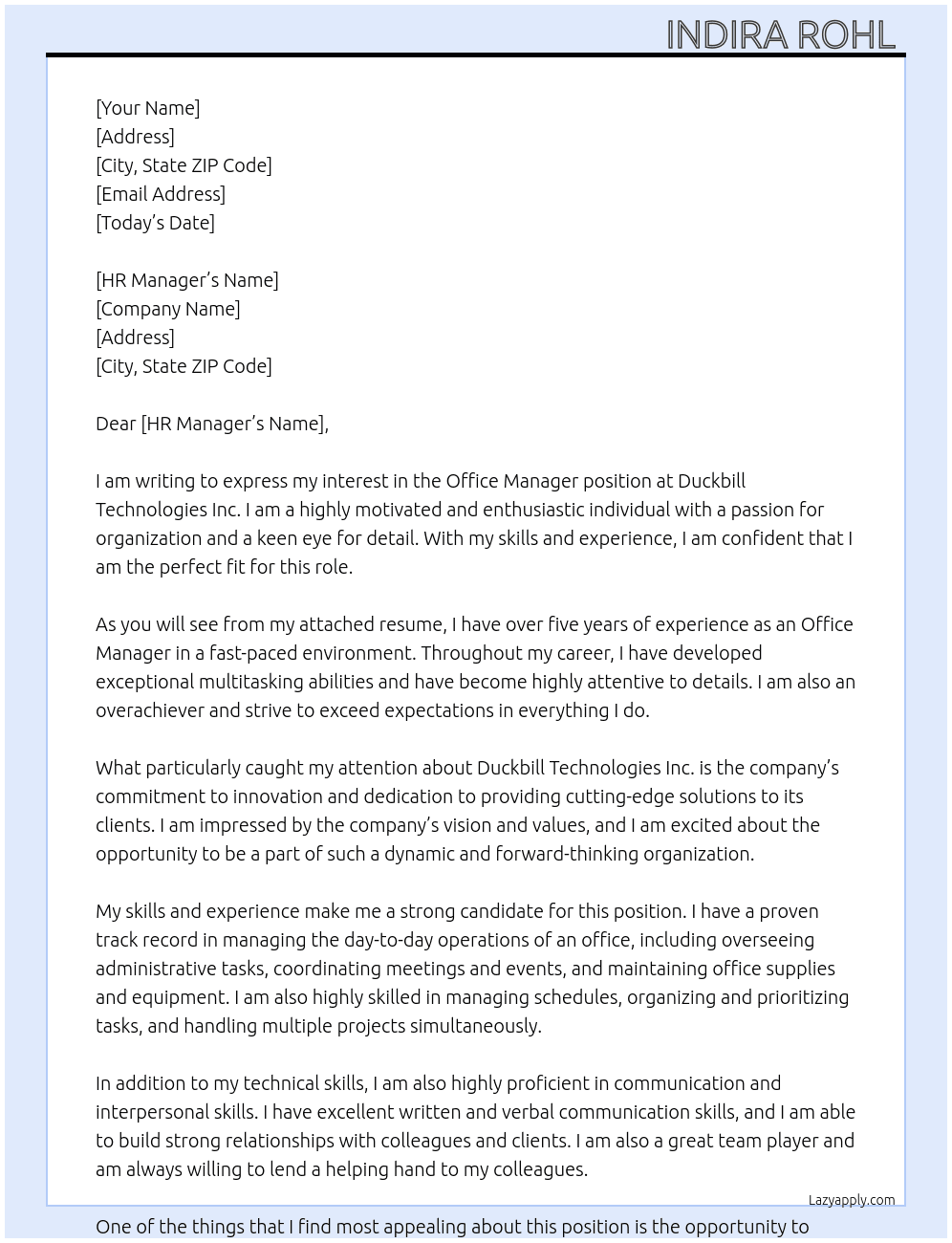 Office Manager  At Duckbill Technologies Inc. Cover Letter
