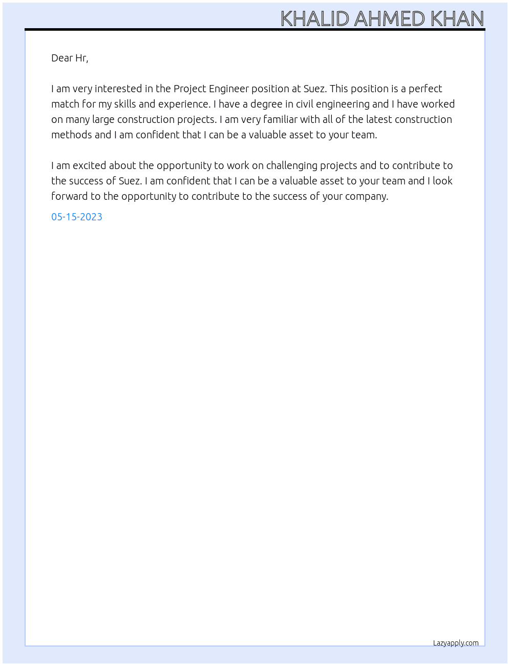 project engineer At Suez Cover Letter