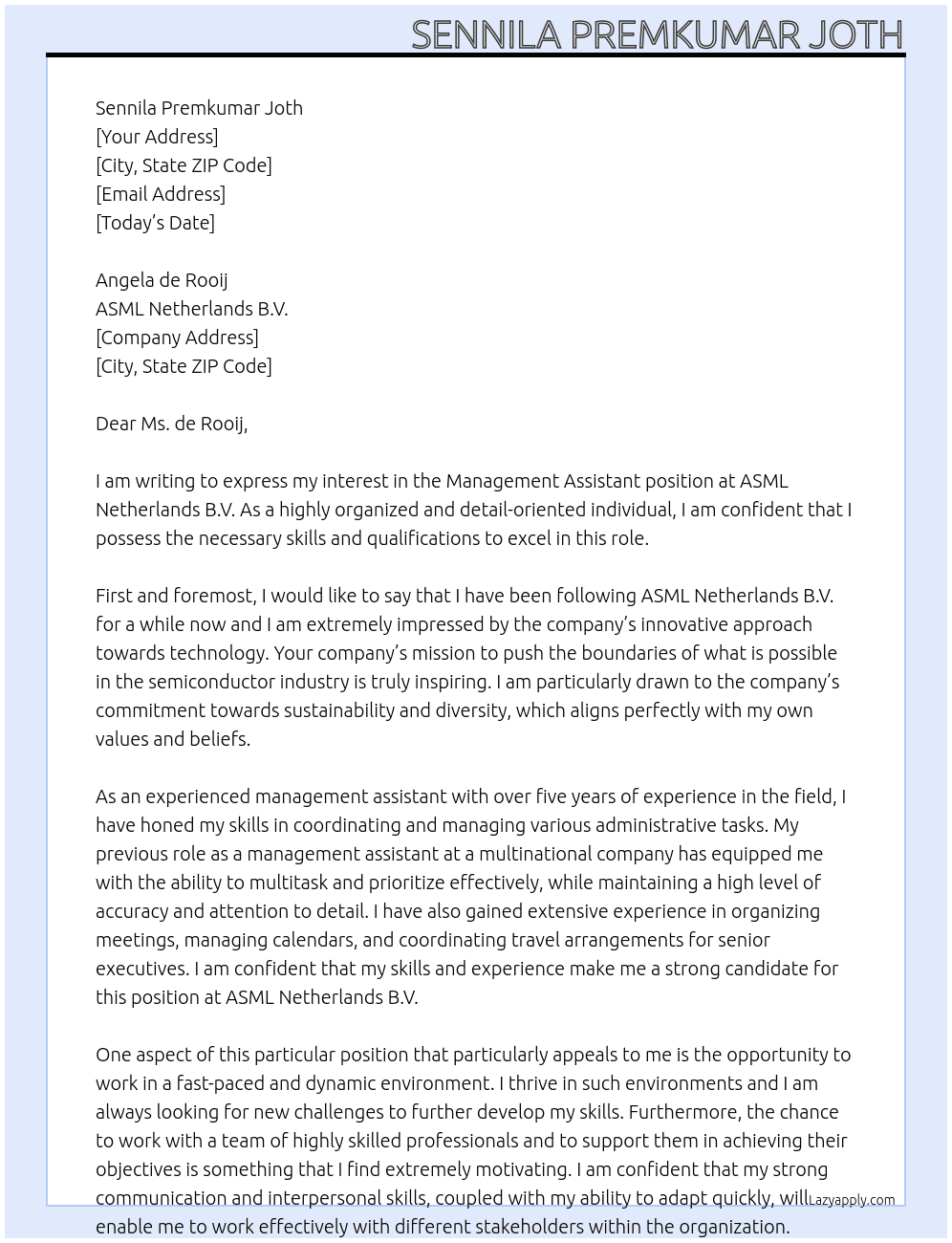 Management Assistant At ASML Netherlands B.V. Cover Letter