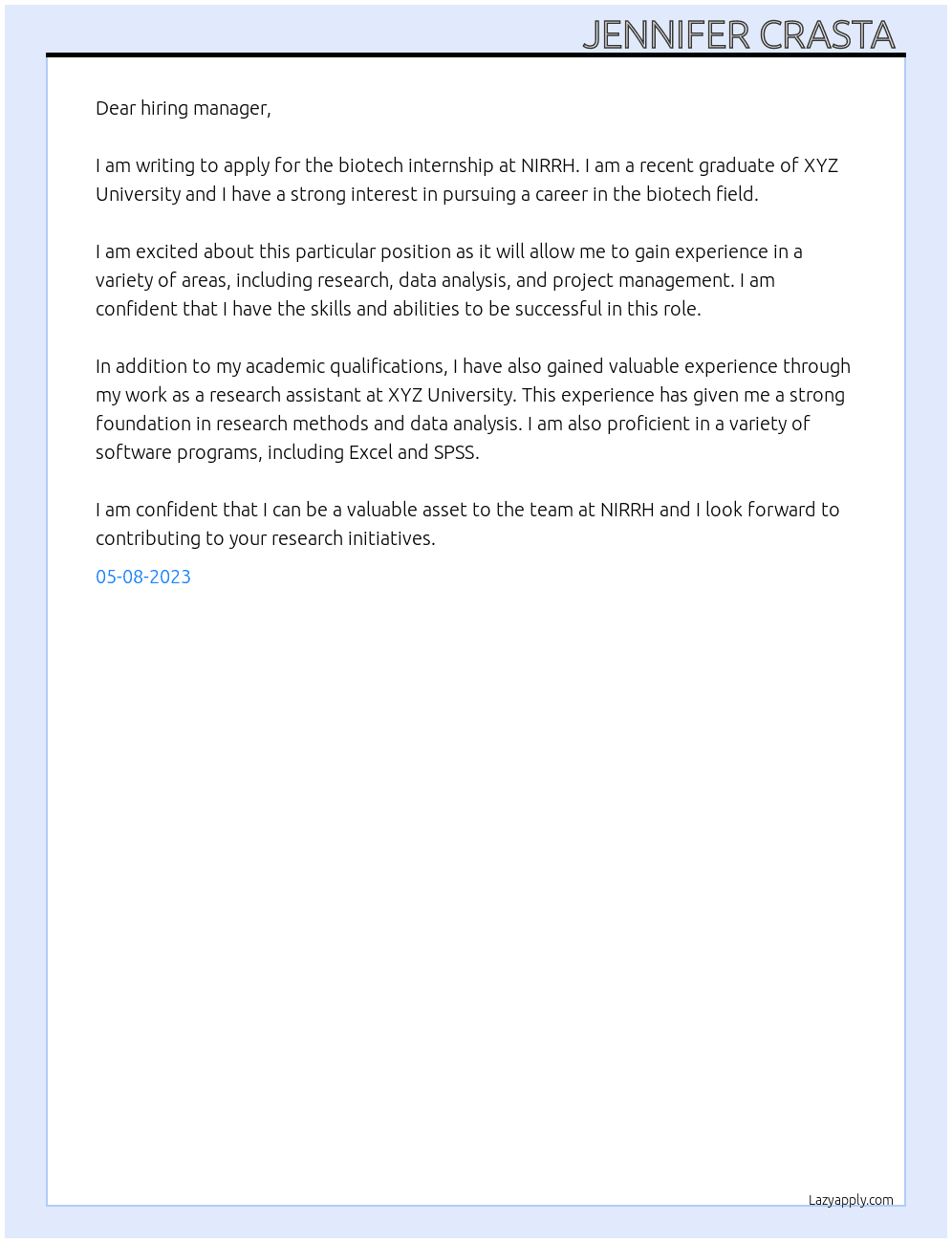 biotech internship At NIRRH Cover Letter