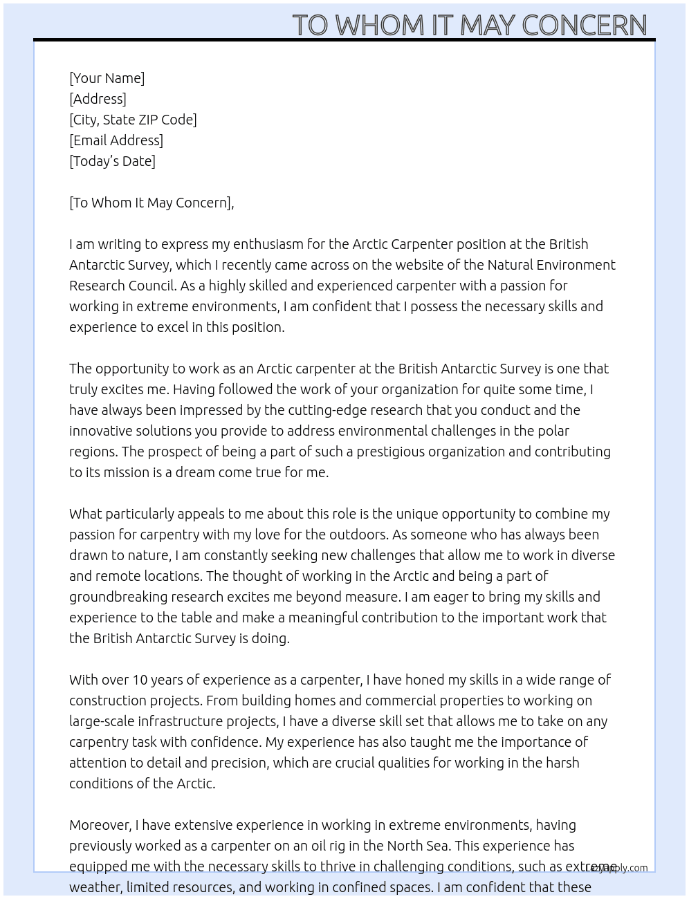 Arctic carpenter  At Natural environment research council Cover Letter