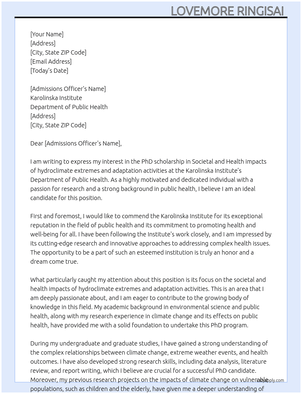 PhD scholarship in Societal and Health impacts of hydroclimate extremes and adaptation activities At Karolinka Institute, Department of Public Health Cover Letter