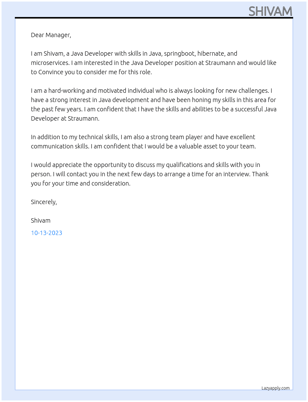 Java Developer  At Straumann Cover Letter