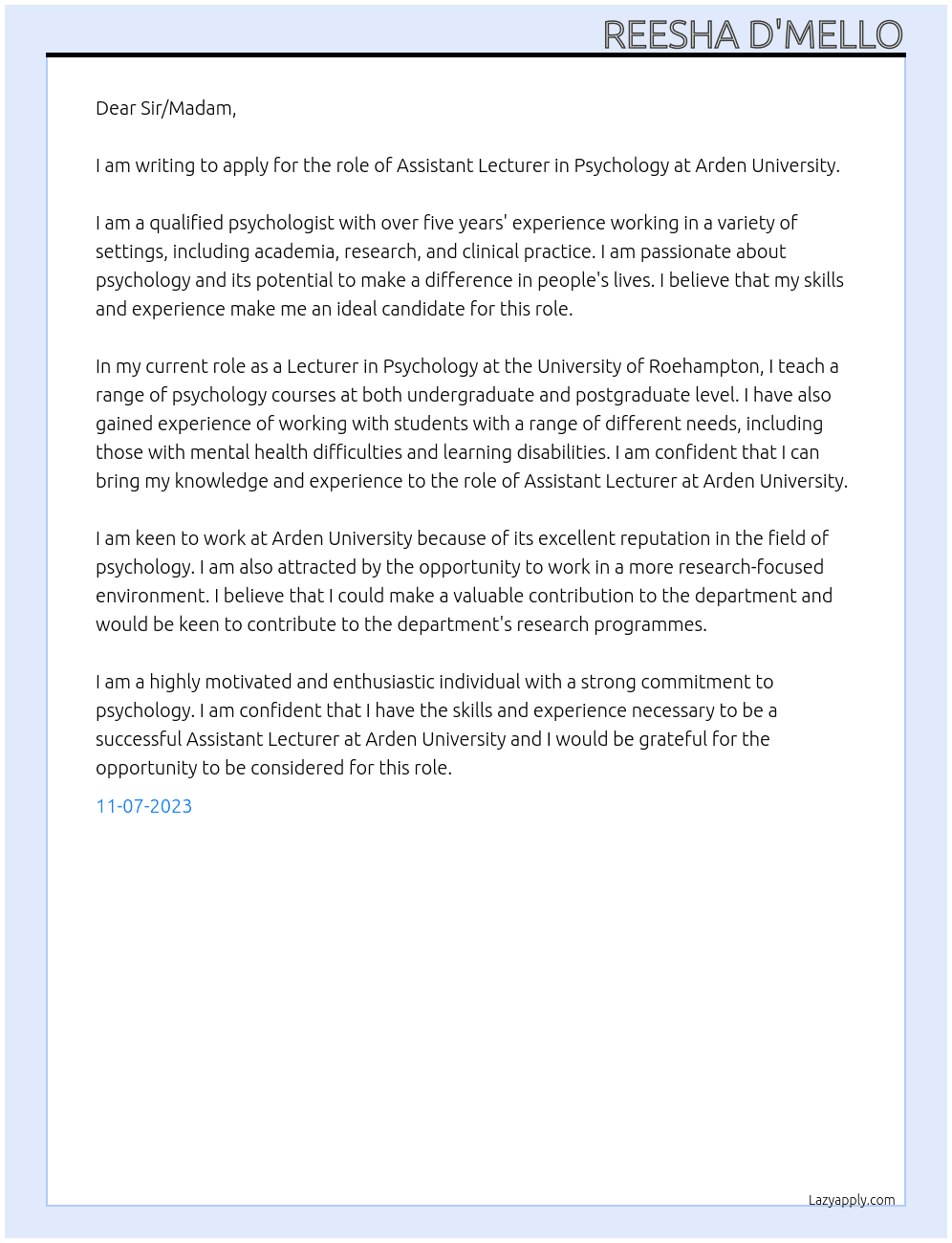 Assistant Lecturer in Psychology At Arden University Cover Letter