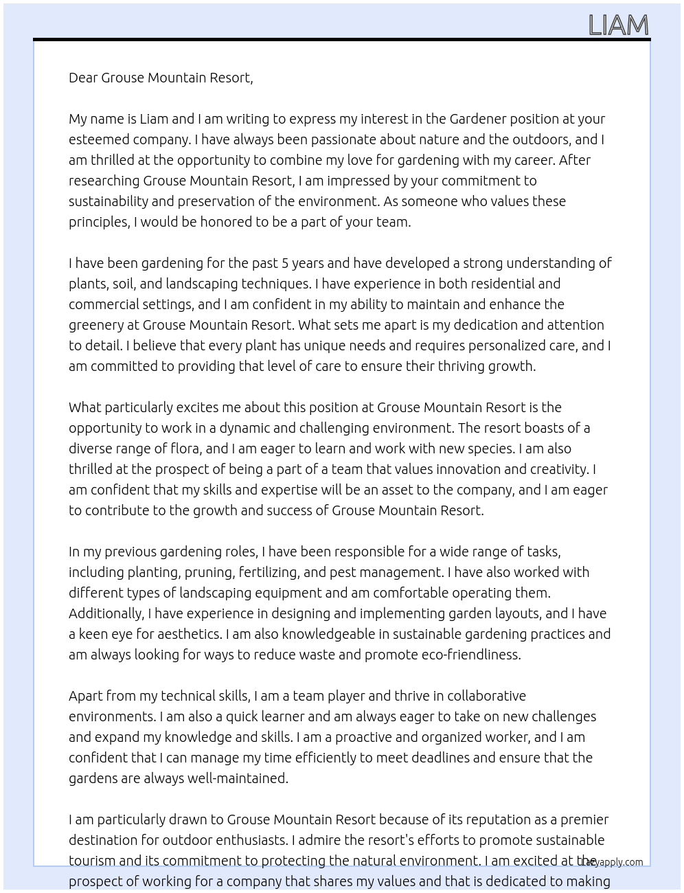 Gardener At Grouse Mountain Resort Cover Letter